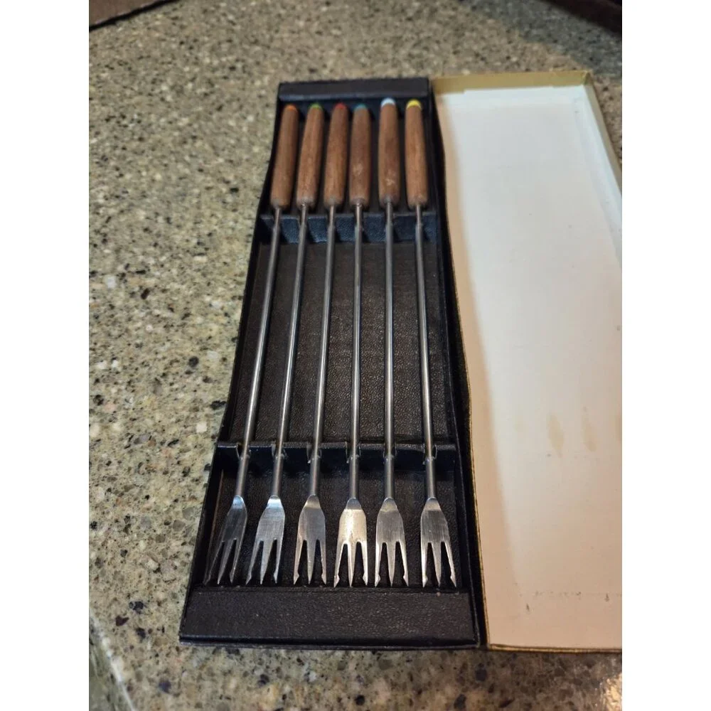 Set 6 Vintage MCM Otagiri Fondue Forks Stainless Wood‎ Handles Japan